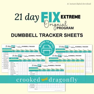 Puede incluir: Hojas de seguimiento de pesas imprimibles digitales para el programa original 21 Day Fix Extreme. Las hojas están listas para imprimir e incluyen secciones para varias rutinas de entrenamiento. El diseño presenta texto turquesa y negro sobre un fondo crema.