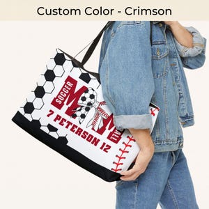 Custom soccer baseball tote bag in crimson with name and number personalization, sports mom bag with bow design