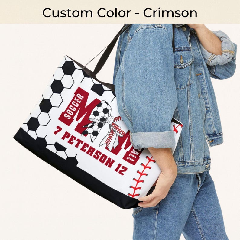 Custom soccer baseball tote bag in crimson with name and number personalization, sports mom bag with bow design