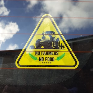 Puede incluir: Un cartel de advertencia triangular amarillo con un tractor negro y el texto "NO FARMERS NO FOOD" con cinco estrellas debajo del texto.