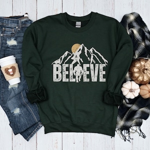 Believe in Bigfoot Sweatshirt, Sasquatch Crewneck for Hiking & Outdoor Adventures, Big Foot Sweatshirt, Unique Camping Gift for Her or Him