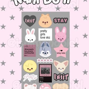 May include: A sticker sheet featuring various designs including cartoon animal faces, stars, and text elements like 'Mini Do It', 'STAY', 'pretty girls love skz', 'i love stray kids', and 'Holiday Stray Kids' on a gray background with a pink star pattern.