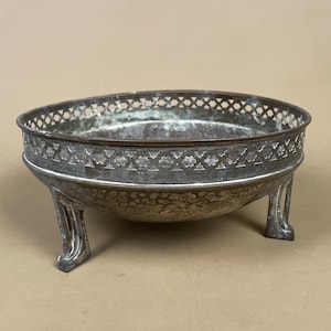Indian Hammered Copper Bowl Footed Jardiniere Planter Arts Crafts Decor Reticulated Rim Pierced Metal Indoor Antique