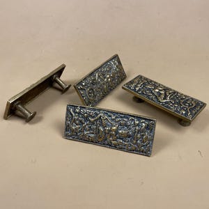 Set of 4 Brass Handles, Ornate Indian Cabinet Pulls, Vintage Gold Drawer Knobs, Rectangular Deity Hardware, Upcycle Furniture Parts