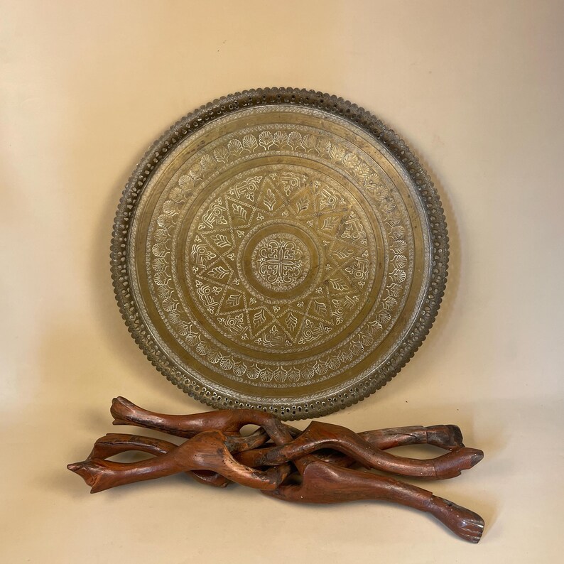 Antique Metal Gold Brass Indian Table Fold Away Patterned Tray Asian
