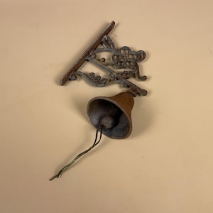 Antique Metal Bell Wall Mounted Ornate Vintage Hanging Bell Bracket French Style Rustic Cottage Outdoor Aged Patina Black Brown