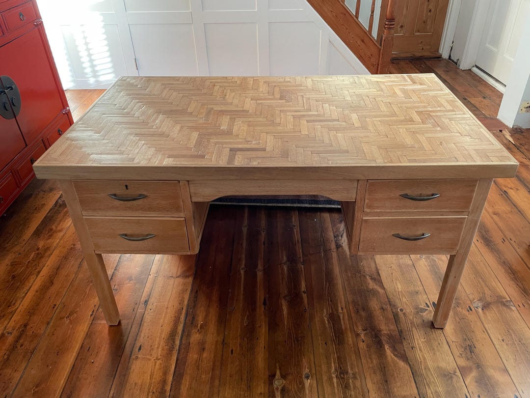 Vintage Wooden Desk Parquet Top 4 Drawer Retro Wood Patterned Large Pin ...