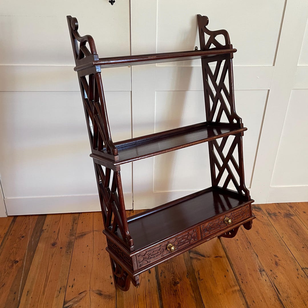 Chinese Wooden Wall Hanging Cabinet Shelves Wood Ornate Drawers 3 Tiers ...