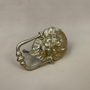 May include: A gold-toned door knocker featuring a lion's head design. The knocker has a loop handle and is secured to a door with two screws.
