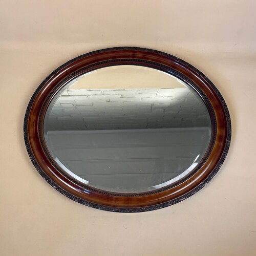Vintage Wooden Wall Mirror Oval Shaped Frame Wood Bevelled Glass Antique 58.5x49cm Bedroom Hallway Pattern Carved Edge Old Boots Brown