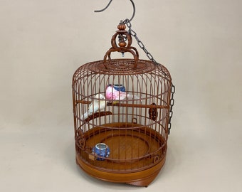 Antique Wooden Decorative Oriental Bird Cage Wood House Japan Bamboo Birdcage Vintage Asian Decor Wood Handmade Old Plant Holder Fake Birds