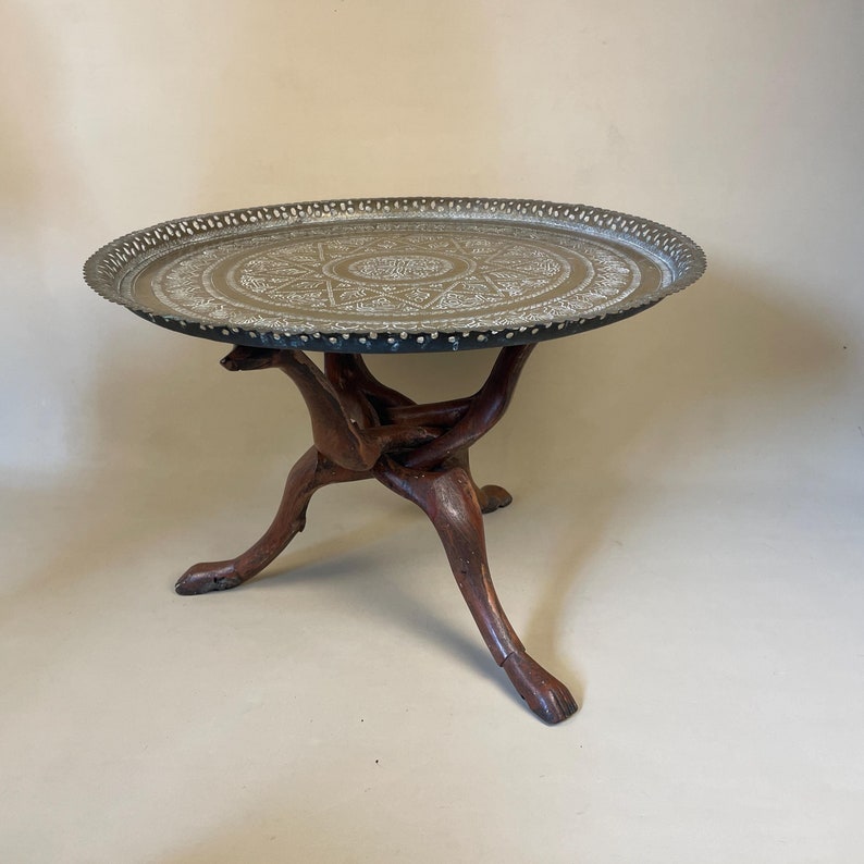 Antique Metal Gold Brass Indian Table Fold Away Patterned Tray Asian