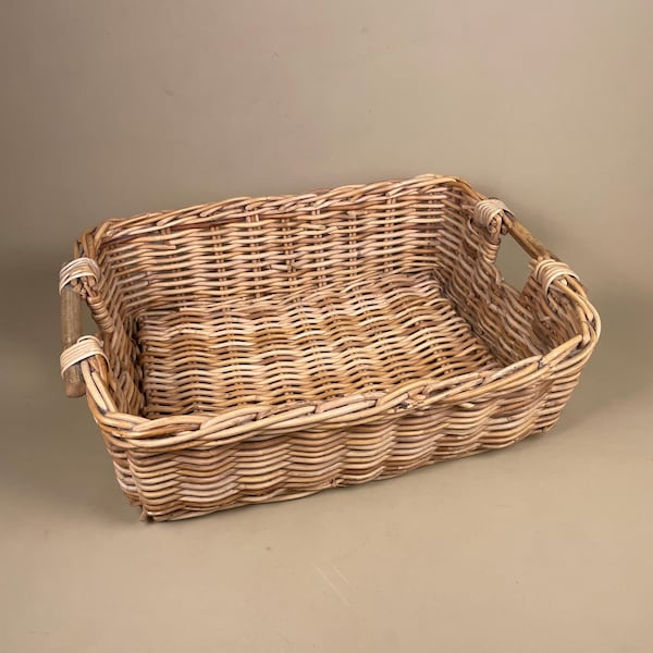 Rectangle Basket Woven Wicker Vintage Log Storage Wood Bar Ends Handles Wooden Cottage Farmhouse Medium Logs Fireside Brown Sturdy