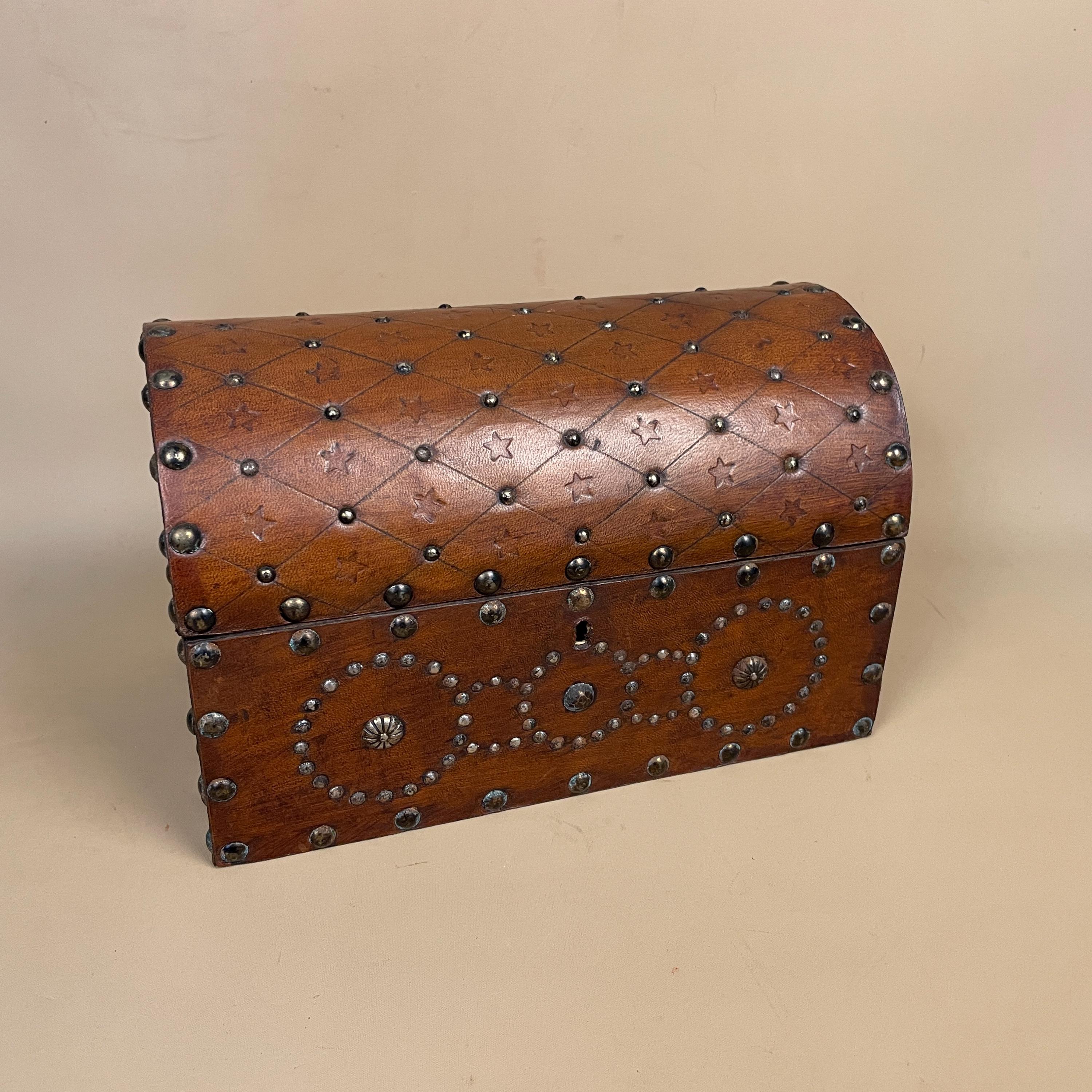 Vintage Wooden Box Leather Wrapped Studded Chest Trunk Brown Rounded Lid Spanish Handmade Jewellery