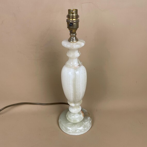 Antique Onyx Marble Lamp Light Cream Green Bedside Side Table Desk Marbled Patterned Vintage Downton Stone Heavy Round Base Medium