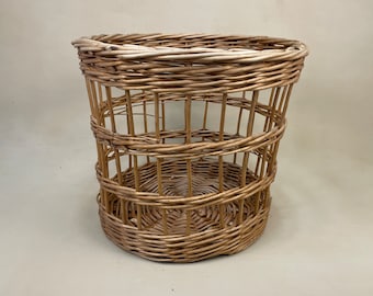 Round Basket Woven Wicker Brown Antique Cylinder Storage Farmhouse Cottage Decor Antique Laundry Cane Wood Open Weave Medium