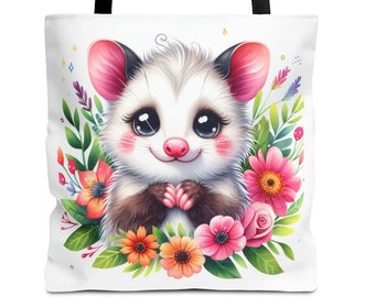 Cute opossum print Tote Bag (AOP), opossum cute beach bag, Flower border cute opossum tote for work or play, Opossum lover print