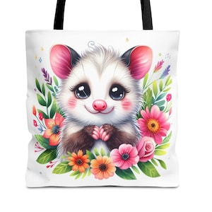 Cute opossum print Tote Bag (AOP), opossum cute beach bag, Flower border cute opossum tote for work or play, Opossum lover print