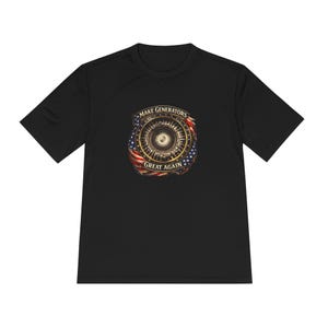 May include: Black t-shirt featuring a circular design with the text "MAKE GENERATORS GREAT AGAIN." The design incorporates elements of the American flag and a detailed mechanical illustration, creating a patriotic and industrial theme.