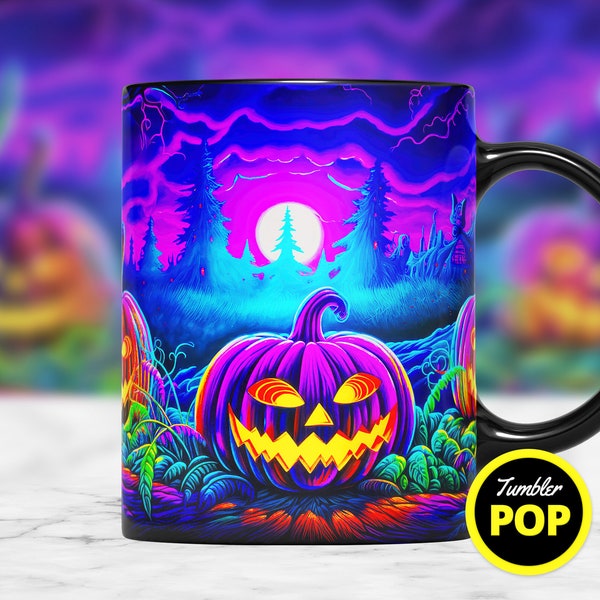 Glowing Neon Halloween Mug Wrap PNG, Horror Mug, 11oz and 15oz Mug Sublimation Wrap, 3D Mug Design, Neon Mug Wrap, Sublimation Mug Design