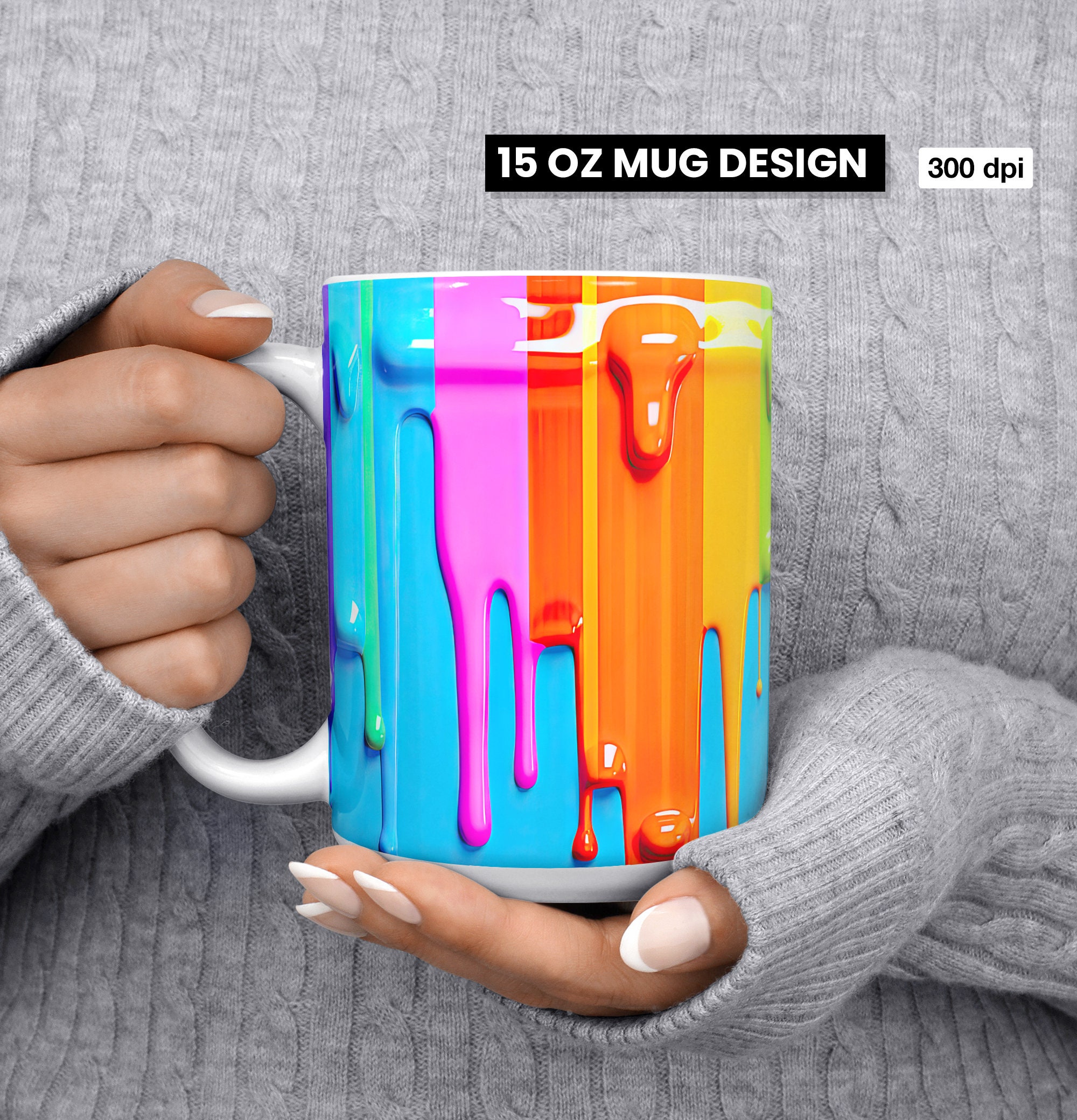 3D Neon Dripping Paint Mug Wrap PNG, 3D Mug Wrap, 11oz and 15oz Mug