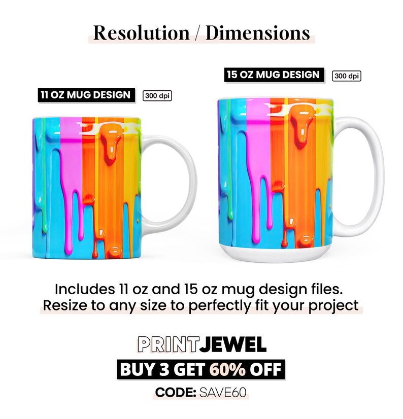 3D Neon Dripping Paint Mug Wrap PNG, 3D Mug Wrap, 11oz and 15oz Mug