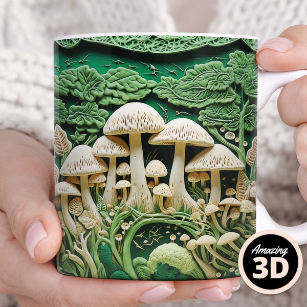 3D Mushroom Garden Mug Wrap, Sublimation Designs, 3D Mug Wrap, 11oz and 15oz Mug Design, Sublimation Mug Designs, Green Mug, Sublimation PNG