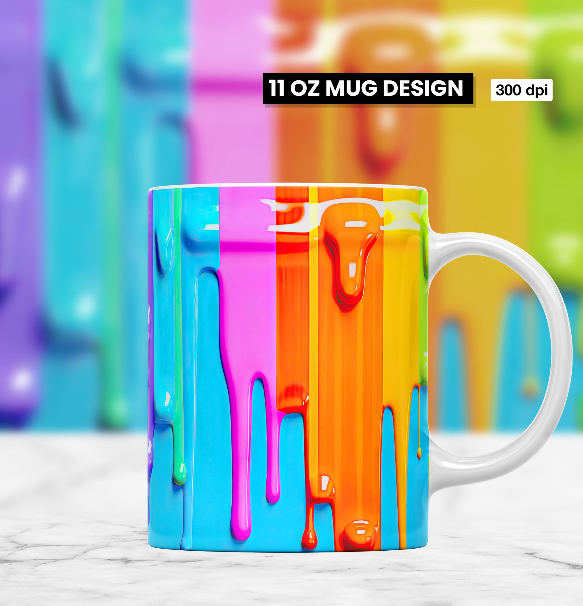 3D Neon Dripping Paint Mug Wrap PNG, 3D Mug Wrap, 11oz and 15oz Mug