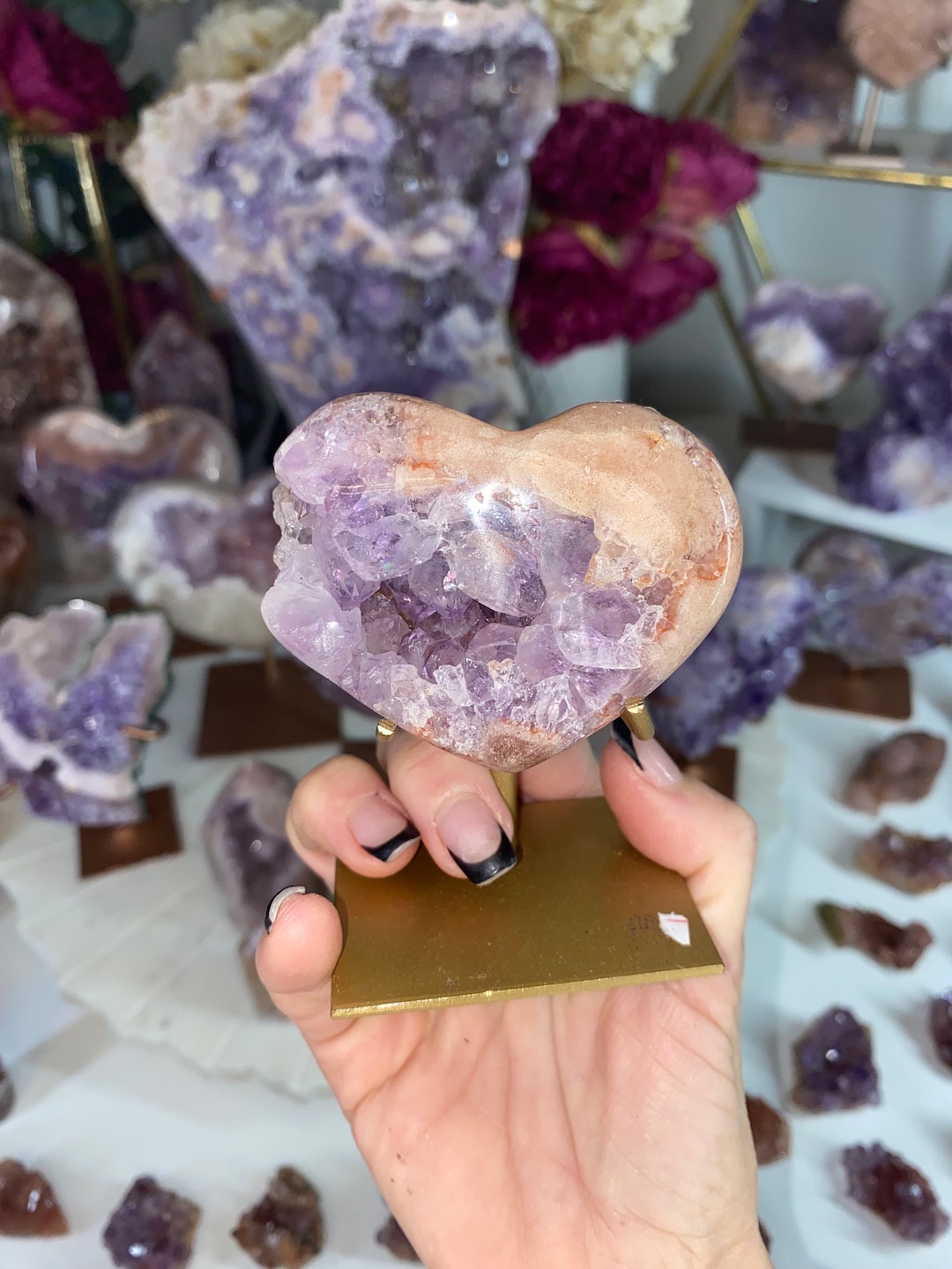 Druzy Pink Amethyst Heart On Custom Stand Etsy 