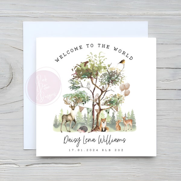 Personalised New Baby Arrival Woodland  Themed Card, Unisex Design, Forest Animals, Watercolour, New Grandson, Granddaughter, Any Relative