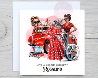 Personalised Retro Female Rockabilly Birthday Card, Polka Dots, Rock n Roll, 1950’s, Vintage, Pin Up, Fashion, Punk Rock, Psychobilly Rock,