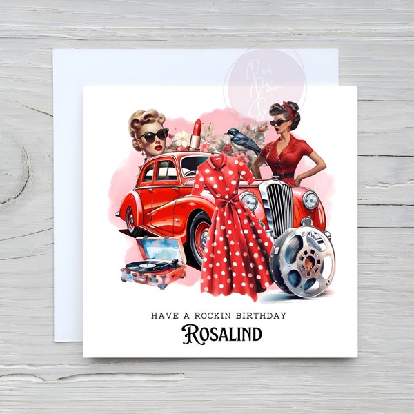 Personalised Retro Female Rockabilly Birthday Card, Polka Dots, Rock n Roll, 1950’s, Vintage, Pin Up, Fashion, Punk Rock, Psychobilly Rock,