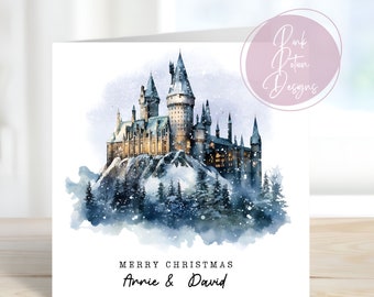 Personalised Watercolour Christmas Card, Magic Magical Castle School - Xmas Card Son Daughter Grandson Granddaughter Niece Nephew