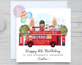 Personalised London Bus, Animals, Daughter, Son, Grandchild, Niece, Nephew, Friend, 2nd, 3rd, 4th Birthday, Unisex, Any Age, Any Relation