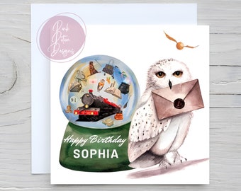 Personalised Owl Snow Globe Birthday Card, Magic School Birthday Card Son Daughter Grandson Granddaughter Niece Nephew