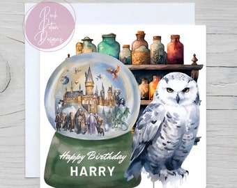 Personalised Owl Snow Globe Watercolour Birthday Card - Magic School Birthday Card Son Daughter Grandson Granddaughter Niece Nephew