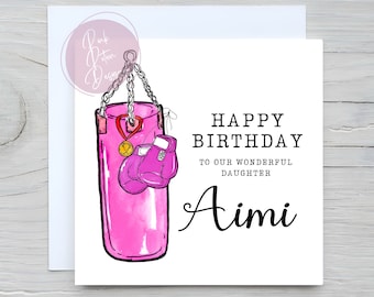 Personalised female Boxing/ Boxer Card, Happy Birthday Card , Gift for Boxing Lover, Boxing Gloves, Boxing Hanging bag, Pink and Purple