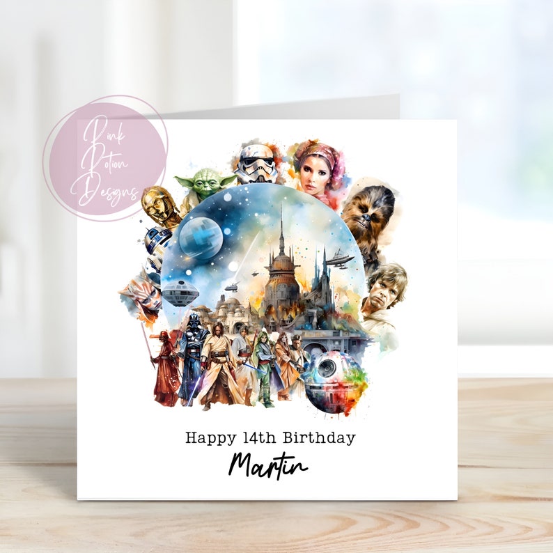 Space Wars, carte d'anniversaire personnalisée, pour fils, fille, papa, oncle, ami, graphismes colorés, carte magique image 1