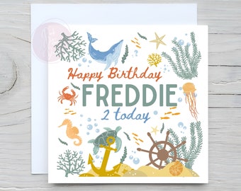 Carte d'anniversaire unisexe sous la mer, thème océan, vie marine, créatures marines, tout âge, petit-fils, petite-fille, tout parent