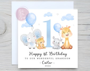 Little boys Animals 1st birthday with balloons card, birthday card, Son, Grandson, Nephew, 2nd, 3rd, 4th Birthday, Little Boys Personalised