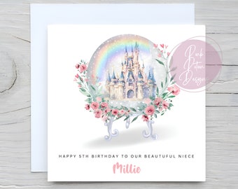 Personalised Princess Fairytale Castle Snow Globe Birthday Card, Magical, Daughter, Granddaughter, Niece, Cards For Her, 1st, 18th, 21st,