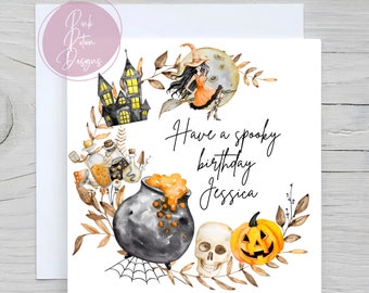 Personalised Watercolour Greeting Card, Autumn, Birthday On Halloween, Black cat, Pumpkins, Skulls, Drinks, Gothic, Seasons Greetings