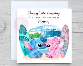 Personalised Stitch & Angel Birthday/Valentines Card, For Partner, Girlfriend, Boyfriend, Daughter, Friend Any Relative, Beach, Surfing