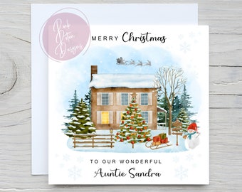 Personalised Christmas House Snowman Card for Grandparents, Parents, Aunty and Uncle. Nan and Grandad. Mum and Dad. Any names and wording