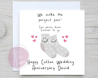 Two Year Anniversary Card, 2 Years, Wedding Card, Cotton, Anniversary, Personalised, Perfect Pair Of Cotton Socks, Customised, Couples card