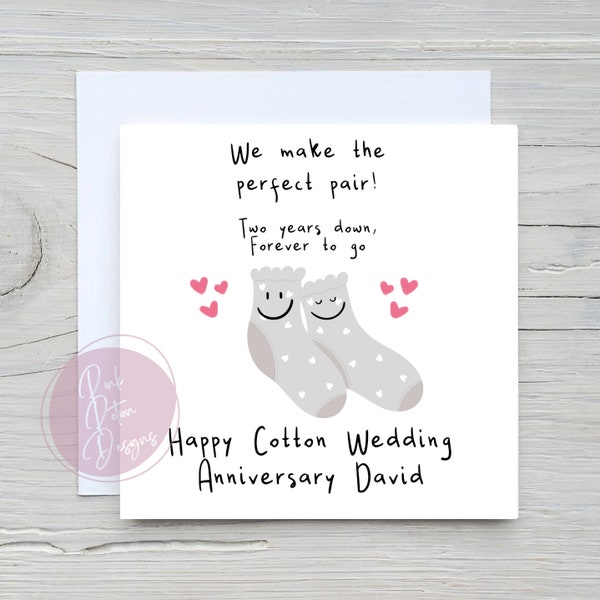 Two Year Anniversary Card, 2 Years, Wedding Card, Cotton, Anniversary, Personalised, Perfect Pair Of Cotton Socks, Customised, Couples card