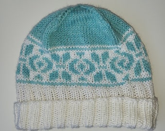 Teal and White Handknit Nordic Beanie