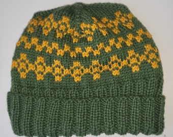 Green and Yellow Handknit Nordic Beanie