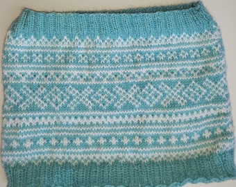 Teal and White Handknit Nordic Cowl
