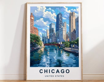 Chicago Travel Print | Chicago Print | United States | Travel Poster | Downtown Chicago | Illinois | Chicago City | Chicago River | Wall Art